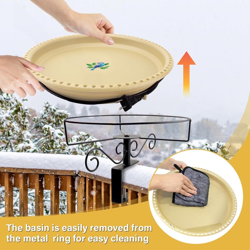 Lovppy Heated Bird Baths for Outdoors for Winter, 100W Heated Birdbath Water Heater with Thermostatically Controlled, Heated Bird Bath for Deck Railing Outside Garden Patio Yard (Khaki) - Image 2